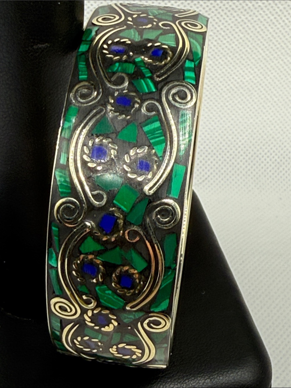 Exceptional vintage Green and Blue Inlay mosaic raised luxurious Cuff Bracelet